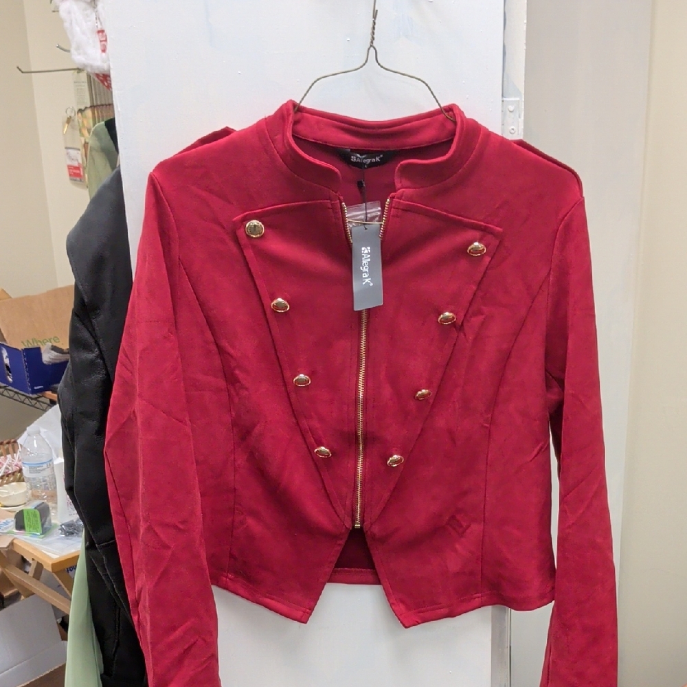 Allegra K Crimson Military-Style Blazer with Gold Buttons